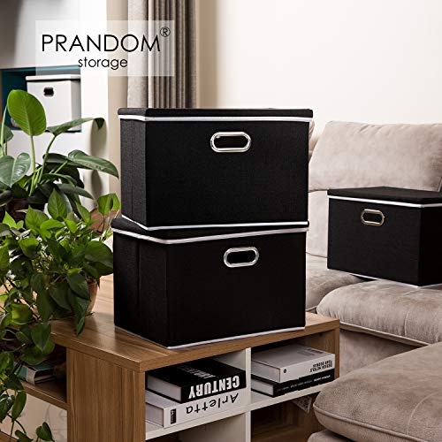 PRANDOM Large Foldable Storage Boxes with Lids [3-Pack] Fabric Collapsible Storage Bins Organizer Containers Baskets Cube with Cover for Home Bedroom Closet Office Nursery Black(17.7x11.8x11.8) - color: Black, size: L(3-Pack)