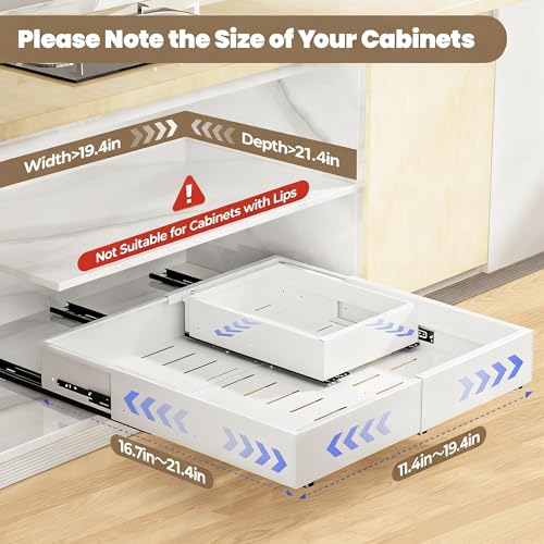 Dayacoco Pull Out Cabinet Organizer, Expandable Width (11.4"-19.4") and Depth (16.7"-21") With 3 Rails, Heavy Duty Slide out Drawers for Kitchen Base Cabinet Organization, No Drill, White