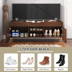 3More 40" Entryway Shoe Storage Bench,Upholstered Hidden Space Beneath Seat Cushion Bench,2-Tier Unique Geometric Shape with Wood Grain,Walnut - color: Brown