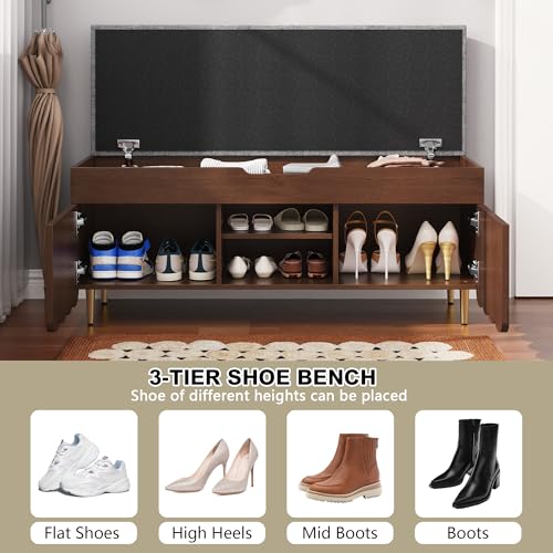 3More 40" Entryway Shoe Storage Bench,Upholstered Hidden Space Beneath Seat Cushion Bench,2-Tier Unique Geometric Shape with Wood Grain,Walnut - color: Brown