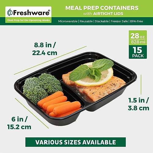 Freshware Meal Prep Containers [15 Pack] 2 Compartment with Lids, Food Storage Containers, Bento Box, BPA Free, Stackable, Microwave/Dishwasher/Freezer Safe (28 oz), Black - size: 2-COMP-28OZ-15PK
