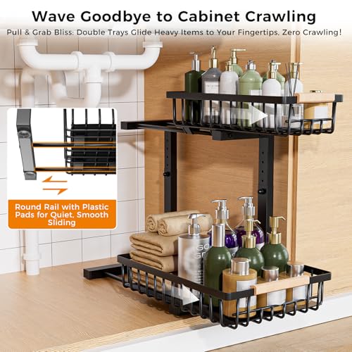 Under Sink Organizer,2 Pack Under Kitchen Sink Organizer,2 Tier Sliding-Out,5 Level Height Adjustable,Thickened Carbon Steel,Anti-Rust Treatment,for Kitchen Bathroom Black