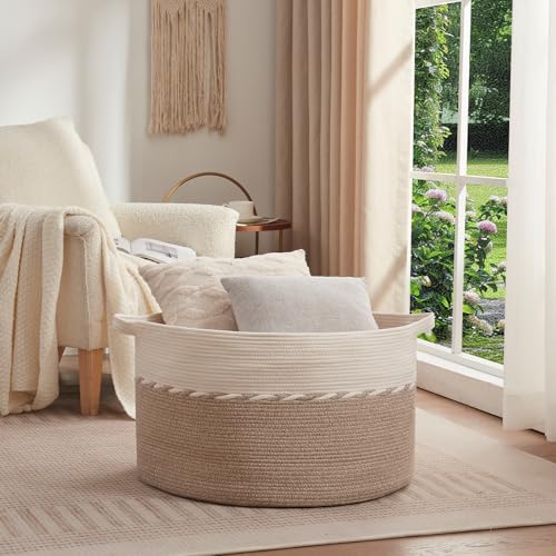 OIAHOMY 125L Extra Large Blanket Basket, 25" x 16", Jumbo Laundry Hamper, Cotton Rope Basket with Handles for Living Room,Baby Toy Storage Bins, Brown - color: Brown, size: 25" x 25" x 16"