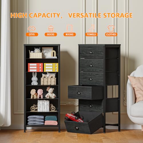 Furnulem Tall Dresser with 6 Drawers,Vertical Bedside End Table & Chest for Bedroom,Black Storage Tower Dorm Nightstand with Fabric Drawer Organizer Unit Furniture in Living Room,Closet,Hallyway - color: Black Oak, size: 11.5"D x 16"W x 39.6"H (6 Drawers)