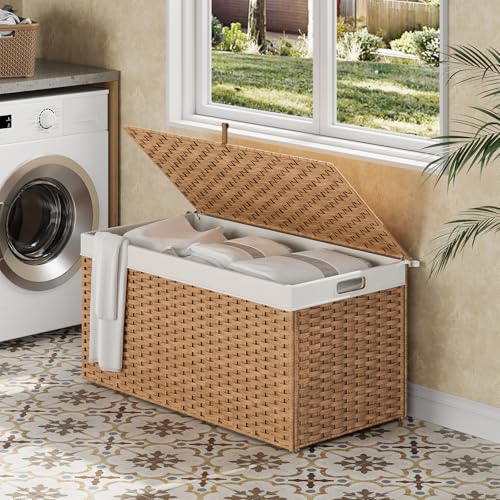 HOOBRO Storage Basket with Lid, 52.8 Gallon (200L) Wicker Basket, Handwoven Blanket Storage Basket with Handles, Metal Frame and Soft Lining, Foldable for Bedroom, Laundry Room, Natural NL220CW01 - color: Natural, size: 39.4"L x 15.7"W x 19.7"H