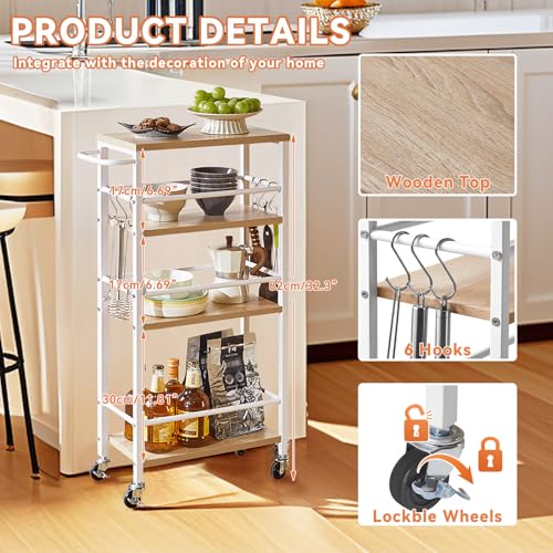 IBUYKE 7.8" Slim Rolling Cart,4 Tier Metal Kitchen Laundry Storage Cart,Industrial Narrow Utility cart,Trolley with Handle and Wooden Tabletop,for Kitchen, Living Room,Bathroom,Natural UTMJ065R - style: Natrue