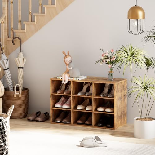 Garden 4 you Shoe Storage Bench, Cubby Shoe Rack with 9 Cubbies, 3-Tier Wood Shoe Rack Organizer, Shoe Organizer Cabinet for Entryway, Hallway, Closet and Garage, Brown - color: Brown, size: 9-cube 3-tier