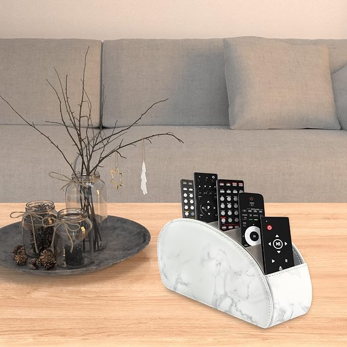 Remote Control Holder with 5 Compartments – [Upgrade Version] PU Leather Remote Caddy Desktop Organizer Store TV, DVD, Blu-Ray, Media Player, Smart Phones, Heater Controllers(Marble white) - color: Marble White