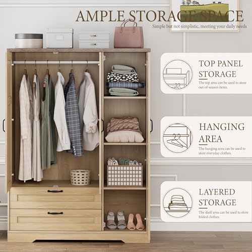 Brafab 62" Wooden Armoire Wardrobe Closet with 3 Doors and Drawers, Standing Bedroom Storage Armoires Cabinet with Hanging Rod for Hanging Clothes, Coat Closet Organizer with Shelves and Mirror - color: Natural, size: 3 Doors