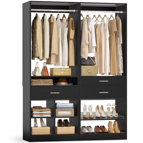 Unikito 50" W x 80" H Closet Organizer Storage System with 2 Hanging Rod and 2 Wooden Drawers, Adjustable Shoes Rack, 4 Cubby Storage, Walk-in Closet Tower for Bedroom, Mudroom, Entryway, Black - color: Black, size: 50 Inch