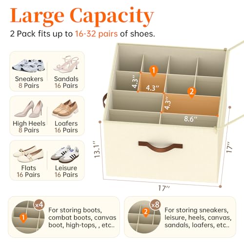 Shoe Organizer for Closet, Foldable Shoe Storage Containers, Fits up to 16 Pairs, Large Shoe Storage Organizer Box Cubby Baskets Bins with Clear Cover and Reinforced Handles, Beige - color: 1Pack Beige
