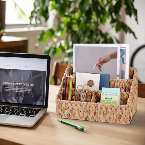 DINGTAI Natural Farmhouse Desk Organizers and Storage, Large Countertop Mail Holder, Tabletop Organizer (Water Hyacinth) - color: Water Hyacinth