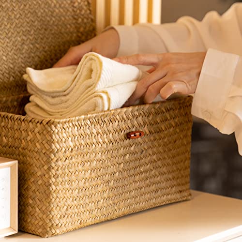 4 Pack, Wicker Baskets with Lids, Nautral Seagrass Storage Baskets, Woven Rectangular Basket Bins, Rattan Storage Organizer for Shelf - color: Natural