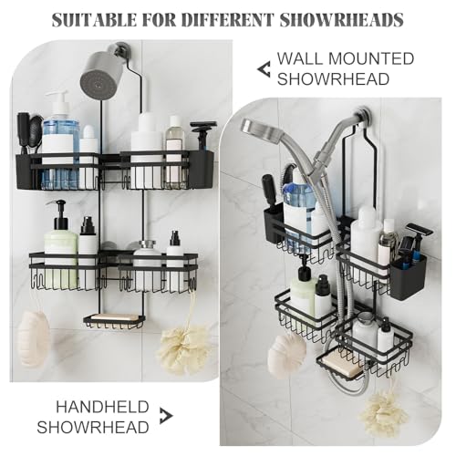 Shower Caddy Hanging for Bathroom Organizers and Storage - 3-Tier Adjustable Anti-Swing Shower Organizer Hanging with Heavy-Duty Suction Cups, Damage-Free Rustproof (Black) - color: BLACK, size: width