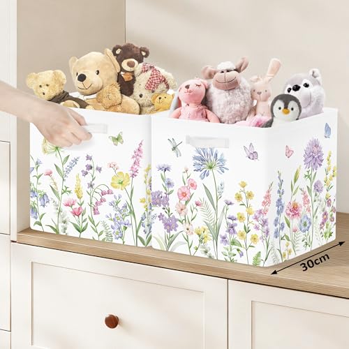 Clastyle 3 pcs 11.8'' Spring Summer Flower Storage Basket for Shelves with Metal Frame Large Butterfly Girl Clothes Toy Book Cube Bin for Bedroom Playroom,Color Floral - color: Color Flowers