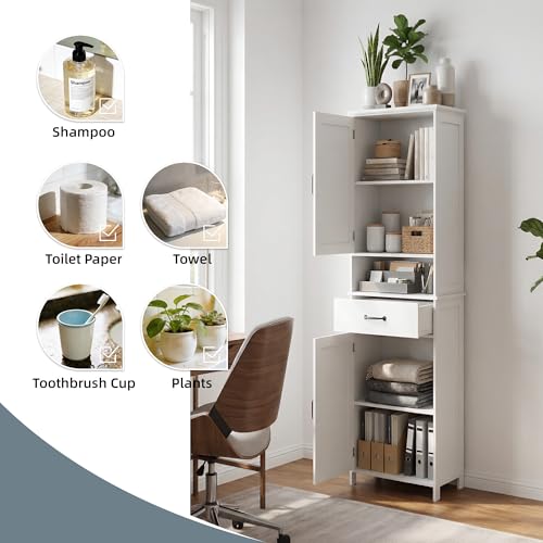 Casaphoria Tall Bathroom Storage Cabinet, 65" H Narrow Floor Cabinet with 2 Barn Doors and 1 Drawer, Freestanding Linen Tower with Adjustable Shelves, Anti-Tipping, White - size: 15.74"L×11.8"W×64.96"H