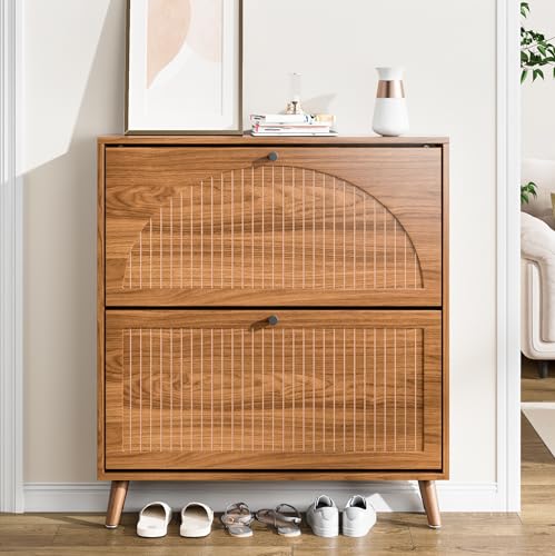 Fsbecl Shoe Storage Cabinet for Entryway with 2 Flip Drawers, Narrow Wood Shoe Cabinet with Fluted Panel, Freestanding Hidden Shoe Organizer for Foyer, Hallway (Walnut - No Shelf) - color: Walnut - No Shelf