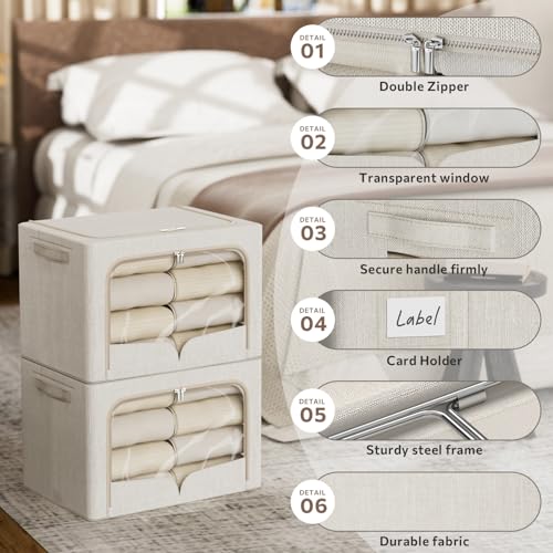 FHSQX 3 Pack Clothes Storage Bins - Foldable Metal Frame Storage Box - Stackable Linen Fabric Container Organizer Set with Carrying Handles and Clear Window (Beige, 19.7x15.7x13inch(66L)) - color: Beige, size: 19.7x15.7x13inch(66L)