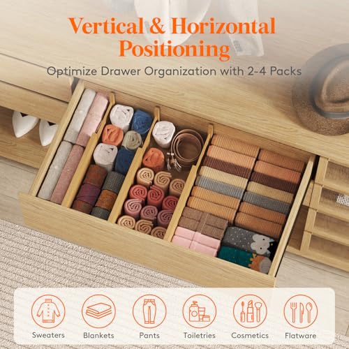 Lifewit 5" High 8 Pack Bamboo Drawer Dividers 33-42cm/13-16.5" Adjustable Wooden Drawer Organizer for Clothes/Utensils, Expandable Drawer Separator for Dresser/Kitchen/Bedroom/Office Organization - size: 5"H, 13-16.5"L