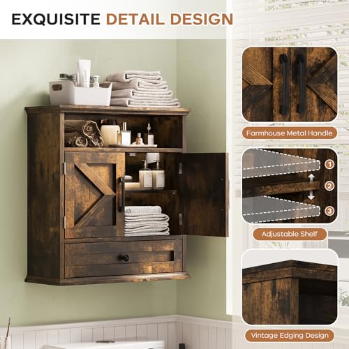 Bathroom Wall Cabinet, Wall Mounted Medicine Cabinet with Drawer, Barn Door & Adjustable Shelf, 24.4"H x 23.6"W x 9"D Rustic Brown Over Toilet Farmhouse Storage Cabinet for Kitchen, Laundry, Entryway - color: Rustic Brown, size: 24.4"H x 23.6"W x 9"D