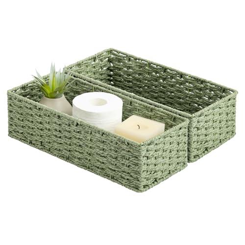 StorageWorks Sage Green Paper Rope Bathroom Basket Organizer and Storage for Tank Topper, Wicker Toilet Paper Basket for Back of Toilet Baskets, Small Narrow Tank Trays for Bathroom Decor, 2 Pack - color: Sage Green, size: 15 ¾"L x 6 ½"W x 4 ¼"H