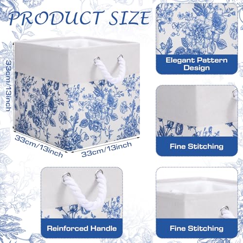 LemonRoad 6 Pcs Blue Floral Cube Storage Bins 13 Inch Square Storage Basket with Handle Preppy Girl Organizer Basket Collapsible Fabric Box for Classroom Bedroom Office Home Decoration Gift - color: Blue, size: 13 Inch, style: Floral