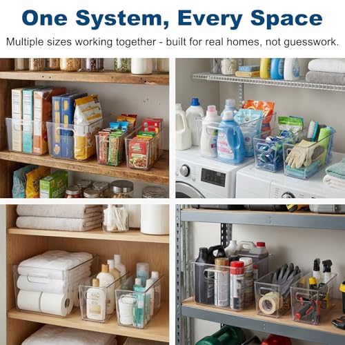 MOONEDGE 8 Pack Modular Clear Plastic Storage Organizer Bins – 4 Large & 4 Narrow, Nestable Space-Saving System for Pantry, Kitchen, Fridge, Bathroom & Cabinet Organization - Versatile & Easy to Use