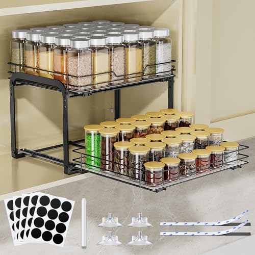 Spice Rack Organizer for Cabinet, 2 Tier Vertical Pull Out Spice Rack – Heavy Duty Metal Spice Organization for Cabinet, 60-Jar Capacity, Height Adjustable Cabinet Organizer, 13.58''Wx10.5''Dx9.5''H - size: 13.58"W X 10.5"D X 9.5"H - 2 Tier
