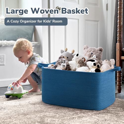 Goodpick Large Blanket Basket, Storage Baskets for Organizing, Rectangle Woven Basket for Clothes, Towels, Toy Baskets Storage Kids, 21.6" x 14.9" x 11.8" - color: Dark Blue, size: Large(21.6"L x 14.9"W x 11.8"H)
