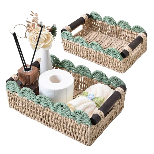 Wicker Basket with Built-in Handles, Small Scalloped Basket for Organizing, Set of 2 Decorative Baskets for Home and Toilet Paper Storage（Beige+Green） - color: Beige+Green