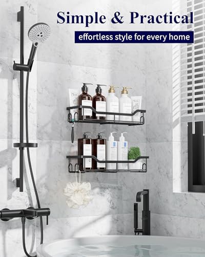 Kitsure Shower Caddy Large - Adhesive Shower Organizer, Stainless Steel Shelf for Inside Shower, No Drill Bathroom Organizers and Storage, Home Decor Accessories, 2 Pack, Black - color: Black, size: Large