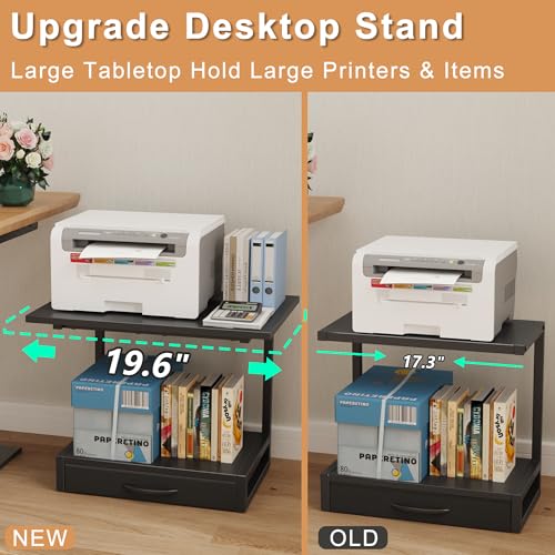 YAOHUOO 2-Tier Desktop Printer Stand with Fabric Drawer, Prtiner Table with Storage Shelf, Desk Organizer for Home Office,3D Printer,Fax Machine,Scanner, 19.6"x14.9" Black - color: Black, size: Large