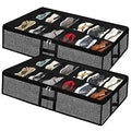 Under Bed Shoe Organizer Storage for Closet 2 Pack- Fits 24 Pairs Underbed Shoes Container Boxes with H Shap Sturdy Handles and Clear Window,Foldable Shoe Rack Holder,Black - color: Black-24pairs, style: H-Handle