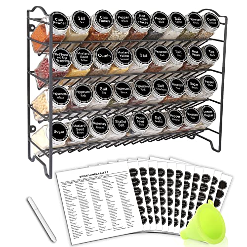 SWOMMOLY Spice Rack Organizer with 36 Empty Square Spice Jars, 396 Spice Labels with Chalk Marker and Funnel Complete Set, for Countertop, Cabinet or Wall Mount, Black - color: Black