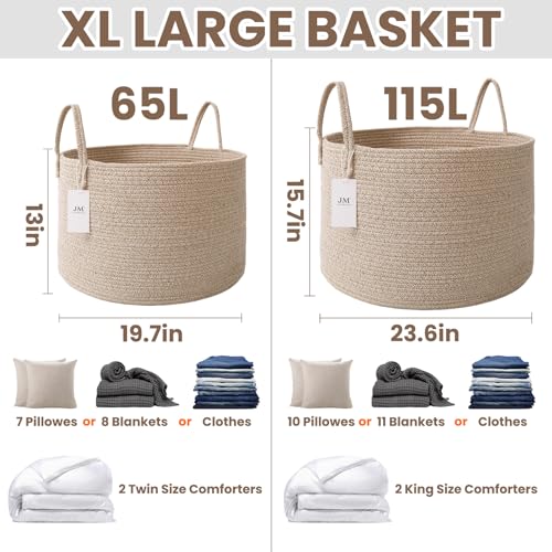 JMvicyroam 115L Extra Large Blanket Basket for Living Room - Woven Cotton Rope Laundry Hamper with Reinforced Handles - Storage Bin for Pillows, Comforters & Toys - Machine Washable,Oatmeal - color: Oatmeal, size: 115L