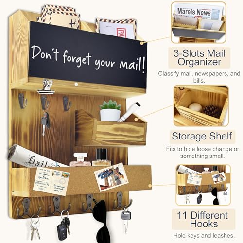 Mail Organizer Wall Mount，Key Holder Mail and Key Organizer for Wall with Shelf, Chalkboard, Corkboard, Home Decor for Room Office Entryway(Light Wood) - color: Light Wood, size: Vertical