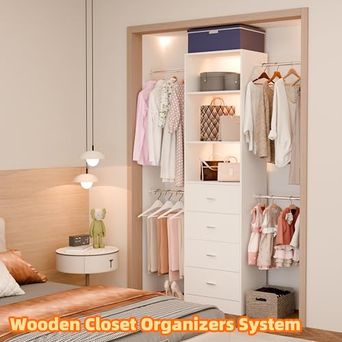 Closet System, Closet Organizer System With 4 Wood Drawers, Walk-In Closet Storage System With 4 Hanging Rods, Adjustable Cloth Garment Rack, Fits Spaces 3 to 5FT, White - color: 4 drawer 3 shelve, size: 1 PC