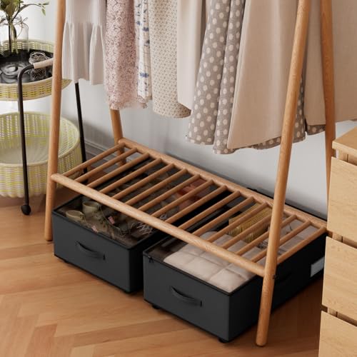 Under Bed Storage with Wheels,Under Bed Shoe Storage Organizers,Underbed Storage Bins,Rolling Under the Bed Storage Containers for Shoes Clothes in Dorm Bedroom,2 Pack（Black）