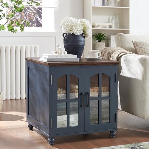 RWYHG Farmhouse End Table with Charging Station,24" Large Sofa Side Table with Glass Barn Door,Rustic Wood Night Stand with Adjustable Storage Shelf,Square Bedside Table for Living Room,Bedroom Office - color: Blue, size: Set 1