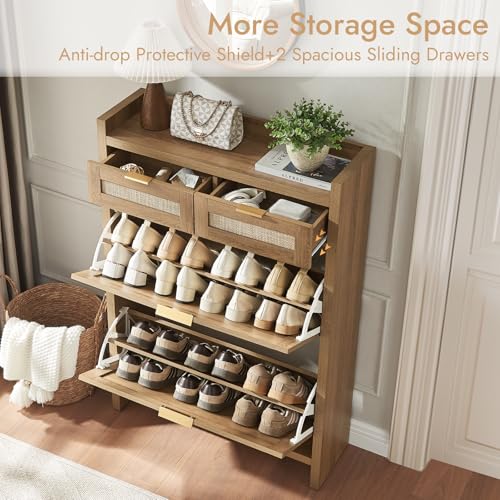 HOKYHOKY Rattan Shoe Storage Cabinet with 2 Drawers & 2 Flip Drawers – Hidden Slim Shoe Organizer for Entryway, Large Tabletop Space, Farmhouse Boho Narrow Shoe Rack, Rustic Oak - color: Rustic Oak, size: 2 Flips