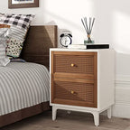 COZAYH Fully-Assembled 2-Drawer Woven Cane Front Accent Nightstand with Brass Knobs, Distressed White - color: Distressed White, style: 2 Drawer/1 pack