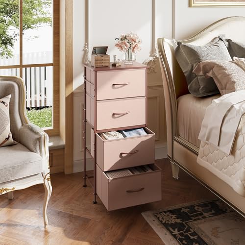 WLIVE 4 Drawers Dresser for Bedroom, Pink Rose Gold Fabric Clothes Storage Organizer Unit, Dresser for Hallway, Entryway, Closets, Sturdy Steel Frame, Wood Top - color: Pink