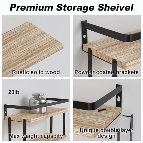 RICHER HOUSE Dual-Level Guardrail Floating Shelves, Rustic Wood Shelf Wall Mounted, Over Toilet Paper Storage Shelf for Bathroom Wall Decor, Bathroom Organizers and Kitchen Storage - Rustic Wood - color: Rustic Wood, size: 2 in 1