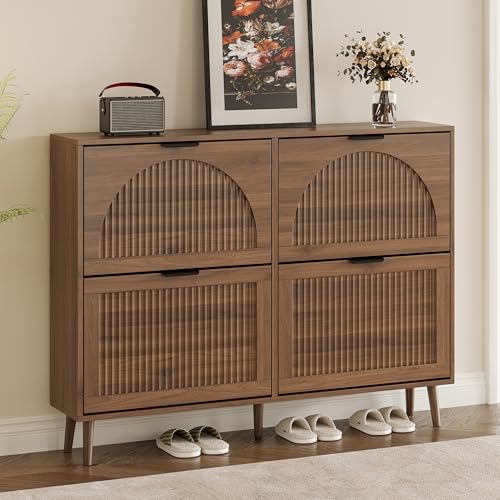 BORNOON Shoe Cabinet for Entryway with 4 Flip Drawers, Slim Wooden Shoe Storage Organizer with Modern Fluted Pannel，Freestanding Narrow Hidden Shoe Rack for Hallway, Foyer, Living Room - color: Walnut, size: 4 Flip Drawers