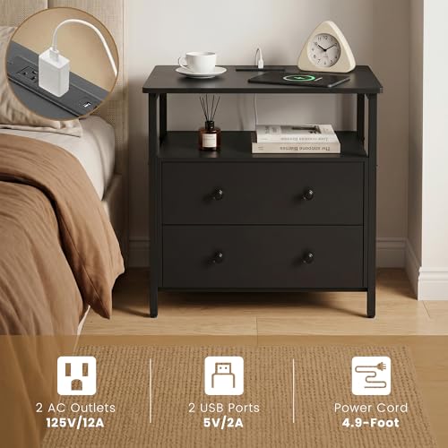 Edbuosy 27 inch Wide Night Stand Set 2 with Charging Station, Bedside Table with Open Shelf, 2 Drawers Small Wood Dresser, Modern Wood Nightstand for Bedroom/Living Room (Black) - color: 2 Pack, Black, size: 2 Drawers