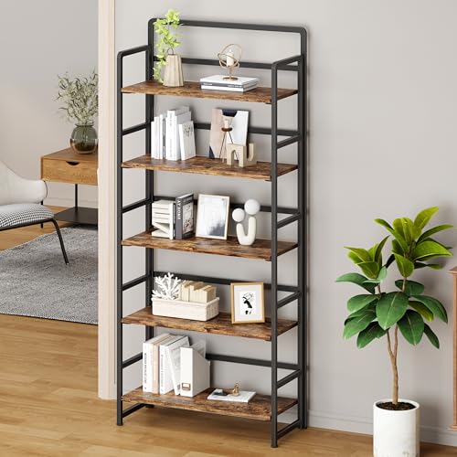 No Assembly Folding Bookshelf, 5 Tiers Collapsible Book Shelf for Home Office, Vintage Wood Foldable Bookcase Storage Organizer for Living Room Bedroom (Rustic Brown) - color: Rustic Brown, size: 5-tier