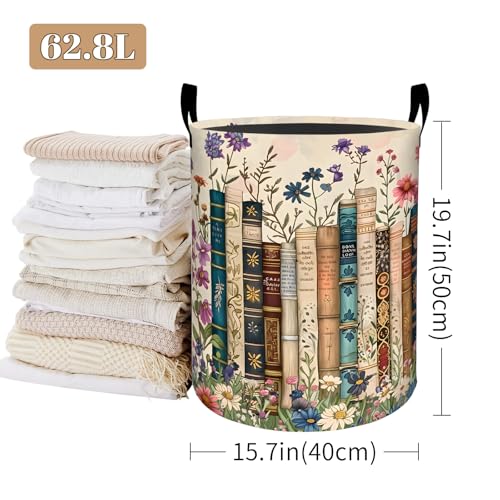 Vintage Book Laundry Basket, Floral Print Foldable Oxford Cloth, Waterproof Dirty Clothes Hamper with Handles, Clothing Storage Bucket Toy Organizer for Bathroom Bedroom Dorm, 19.7"x15.7" - style: Book