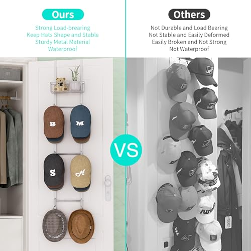 HapiRm Over Door Hat Rack - Wall Mounted Hat Organizer with 6 Hooks and Metal Basket Design, Baseball Cap Organizer Storage Holder Up to 32 Caps for Door, Bedroom, Closet (Sliver) - color: Sliver, size: 1 Pack