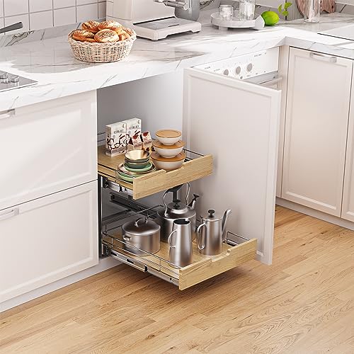 Sikarou Pull Out Cabinet Organizer,Heavy-Duty Slide Out Shelf, Wood and Wire Basket, Pull Out Drawer for for Kitchen Under Sink Space, Pantry, Bathroom, 2 Tie 14 * 21 in - size: 2-TIE 14*21 WM