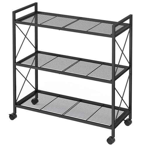 SONGMICS 3-Tier Metal Storage Rack with Wheels, Mesh Shelving Unit with X Side Frames, 31.5-Inch Width, for Entryway, Kitchen, Living Room, Bathroom, Industrial Style, Black UBSC183B01 - color: Black, size: 31.5"W